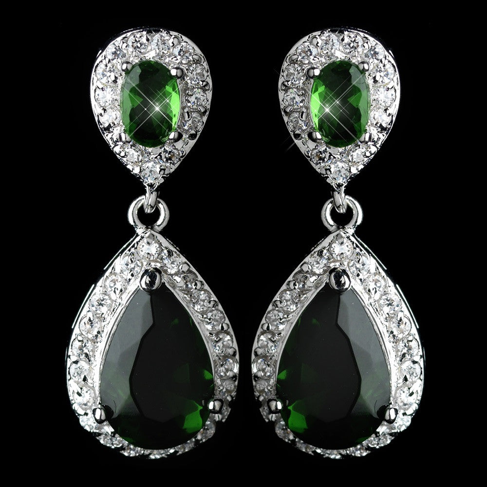 Antique Rhodium Silver Emerald Tear Drop Encrusted CZ Crystal Bridal Wedding Earrings 7761