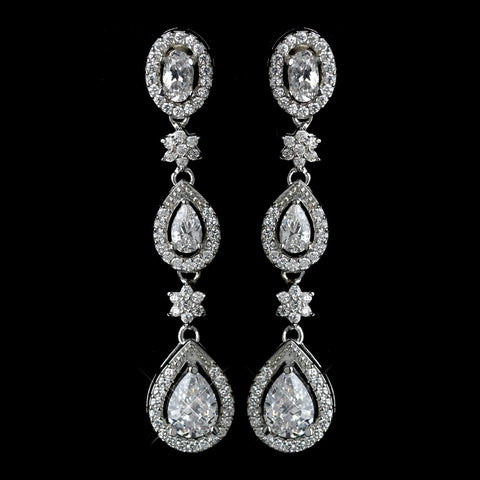 Antique Rhodium Silver Clear Teardrop & Oval Pave Encrusted CZ Crystal Dangle Bridal Wedding Earrings 7763