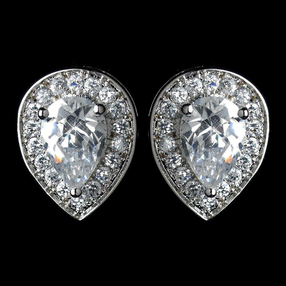 Antique Rhodium Silver Clear Teardrop Encrusted Pave Stud Bridal Wedding Earrings 7766