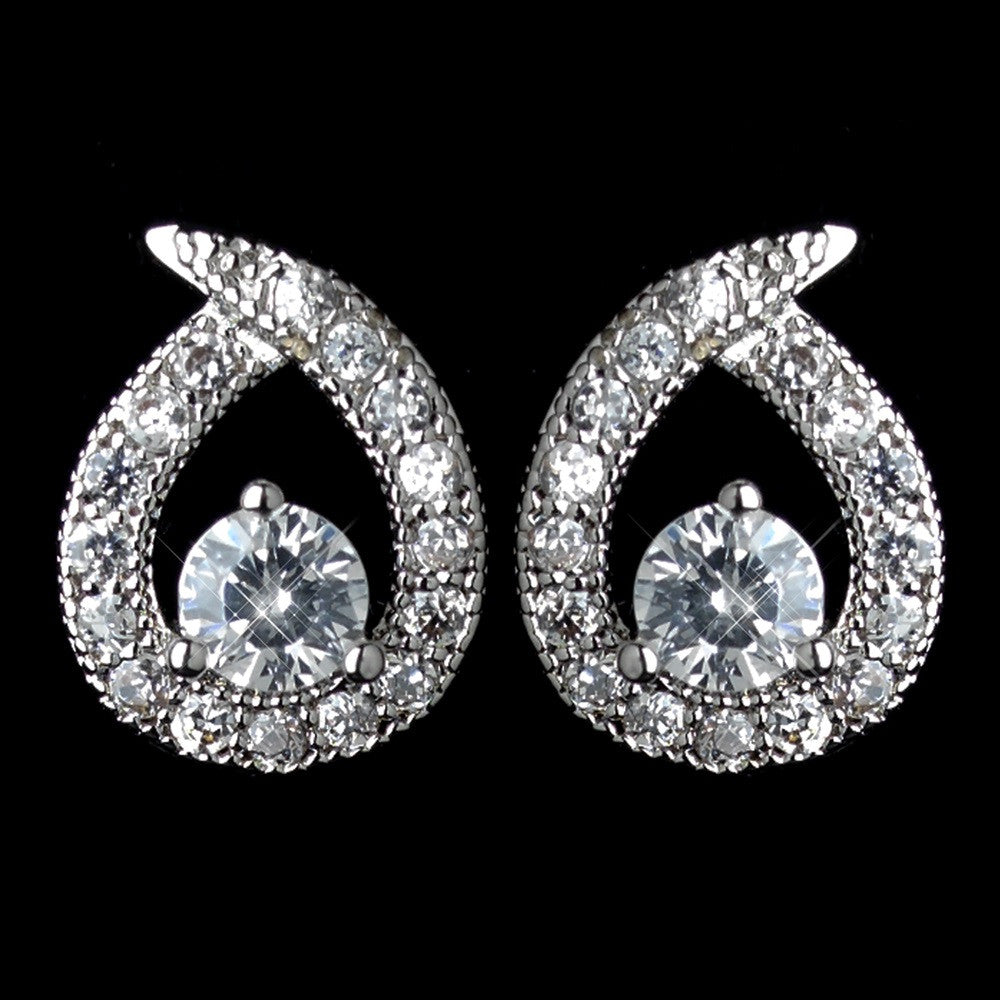 Antique Rhodium Silver Clear Loop Of Love Petite CZ Crystal Stud Bridal Wedding Earrings 7772