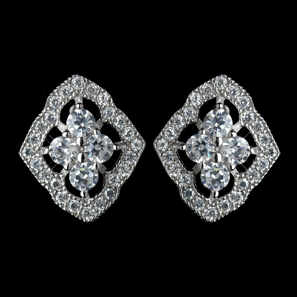 Antique Rhodium Silver Clear Vintage CZ Crystal Stud Bridal Wedding Earrings 7773