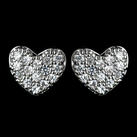 Antique Rhodium Silver Petite Pave Heart Children's Bridal Wedding Earrings 7776