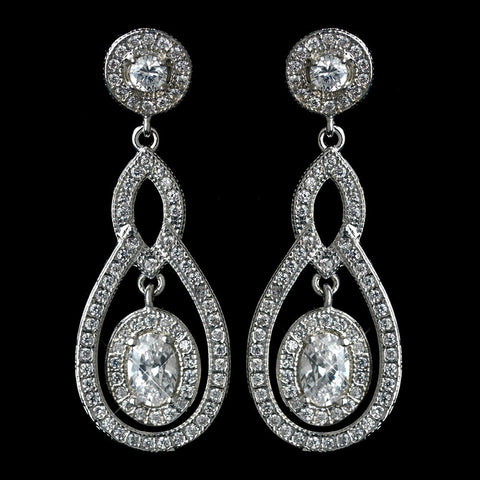 Antique Rhodium SIlver Clear CZ Crystal Round Pave Encrusted Pendent Bridal Wedding Necklace 7741 & Pave Encrusted Oval Drop Bridal Wedding Earrings 7778 Bridal Wedding Jewelry Set