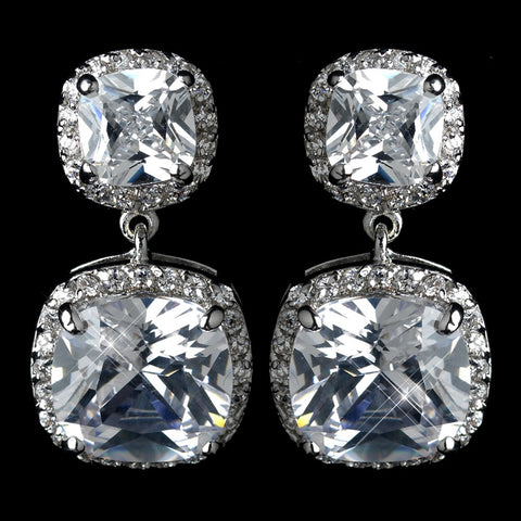 Antique Rhodium Silver Clear CZ Crystal Pave Encrusted Drop Bridal Wedding Earrings 7779