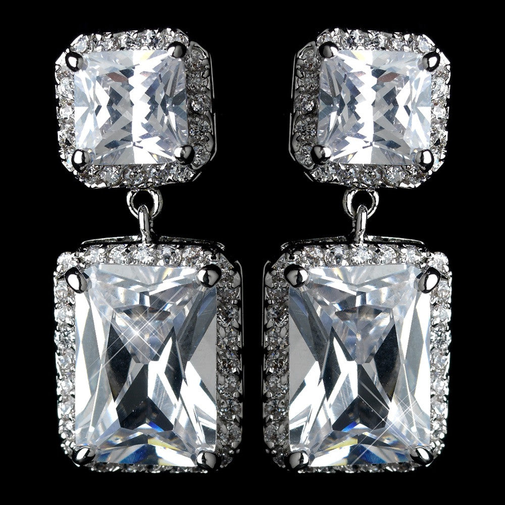 Antique Rhodium Silver Clear Princess Cut CZ Crystal Pave Drop Bridal Wedding Earrings 7780