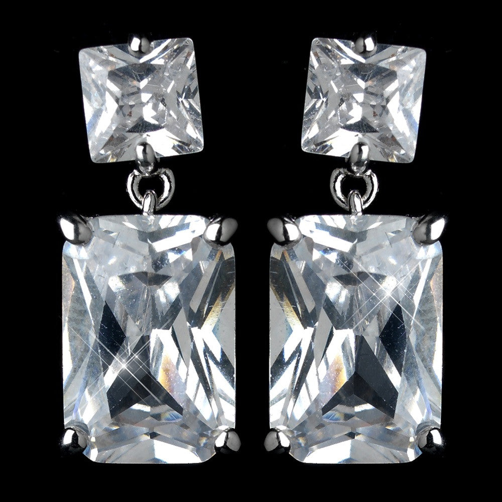 Antique Rhodium Silver Clear Princess Cut CZ Crystal Drop Bridal Wedding Earrings 7781
