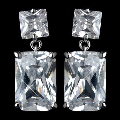 Antique Rhodium Silver Clear Princess Cut CZ Crystal Drop Bridal Wedding Earrings 7781