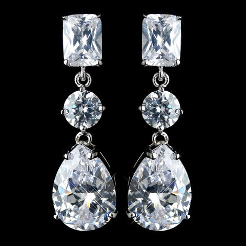 Antique Rhodium Silver Clear Princess, Solitaire & Teardrop CZ Crystal Bridal Wedding Earrings 7793