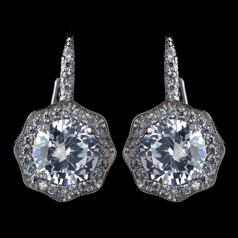 Antique Rhodium Silver Solitaire Encrusted CZ Leverback Bridal Wedding Earrings 7798