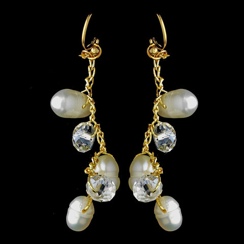 Gold Silk White Pearl Clear Crystal Earring Set 7829