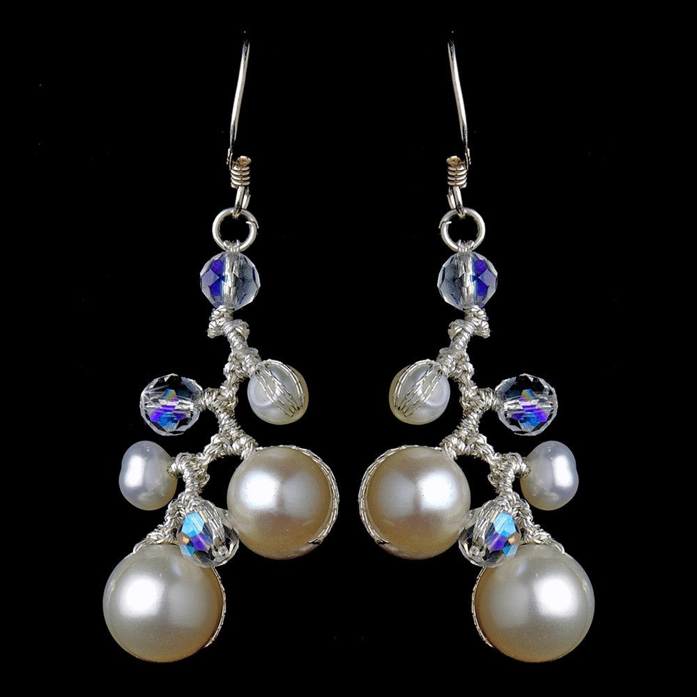 Chic Freshwater Pearl & Aurora Borealis Crystal Bead Bridal Wedding Earrings 7830