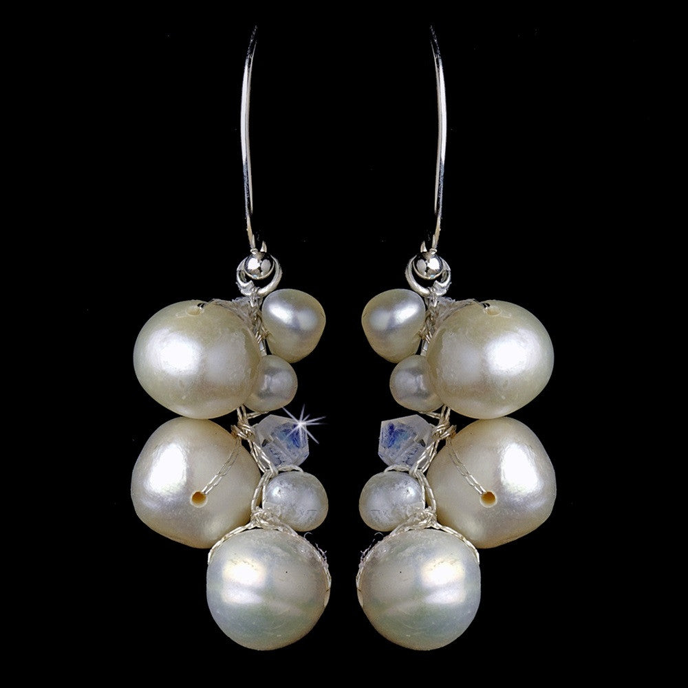 Wonderful Ivory Freshwater Pearl & AB Crystal Bead Bridal Wedding Earrings 7831