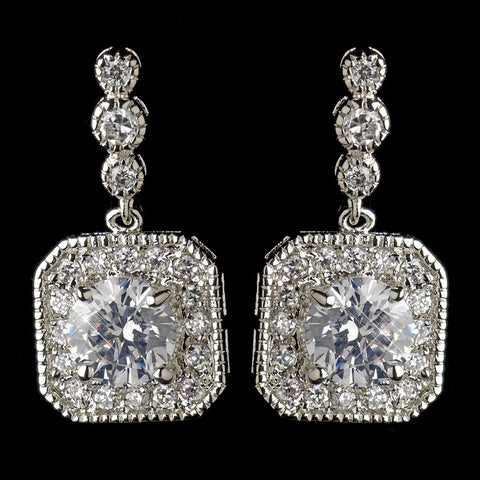 Antique Silver Rhodium Clear Round CZ Crystal Drop Bridal Wedding Earrings 7845