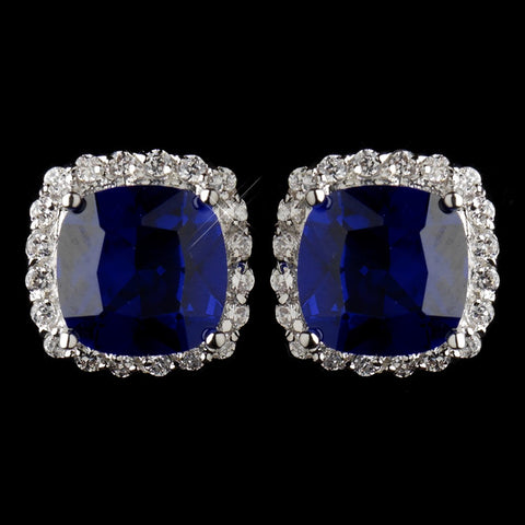 Antique Silver Rhodium Sapphire & Clear Cushion CZ Crystal Cut Stud Bridal Wedding Earrings 7851