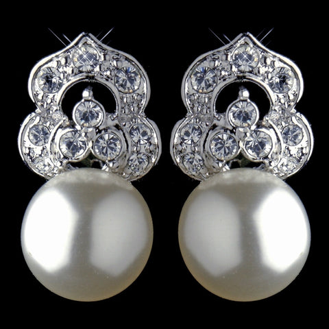 Antique Rhodium Silver Clear CZ & Diamond White Pearl Bridal Wedding Earrings 7860