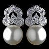 Antique Rhodium Silver Clear CZ & Diamond White Pearl Bridal Wedding Earrings 7860