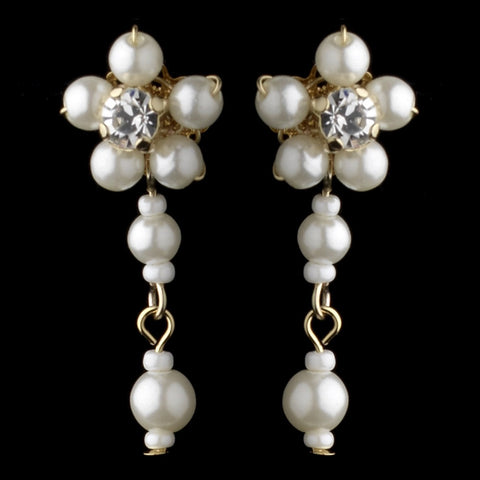 Gold Ivory Floral Pearl Dangle Bridal Wedding Earrings 8001