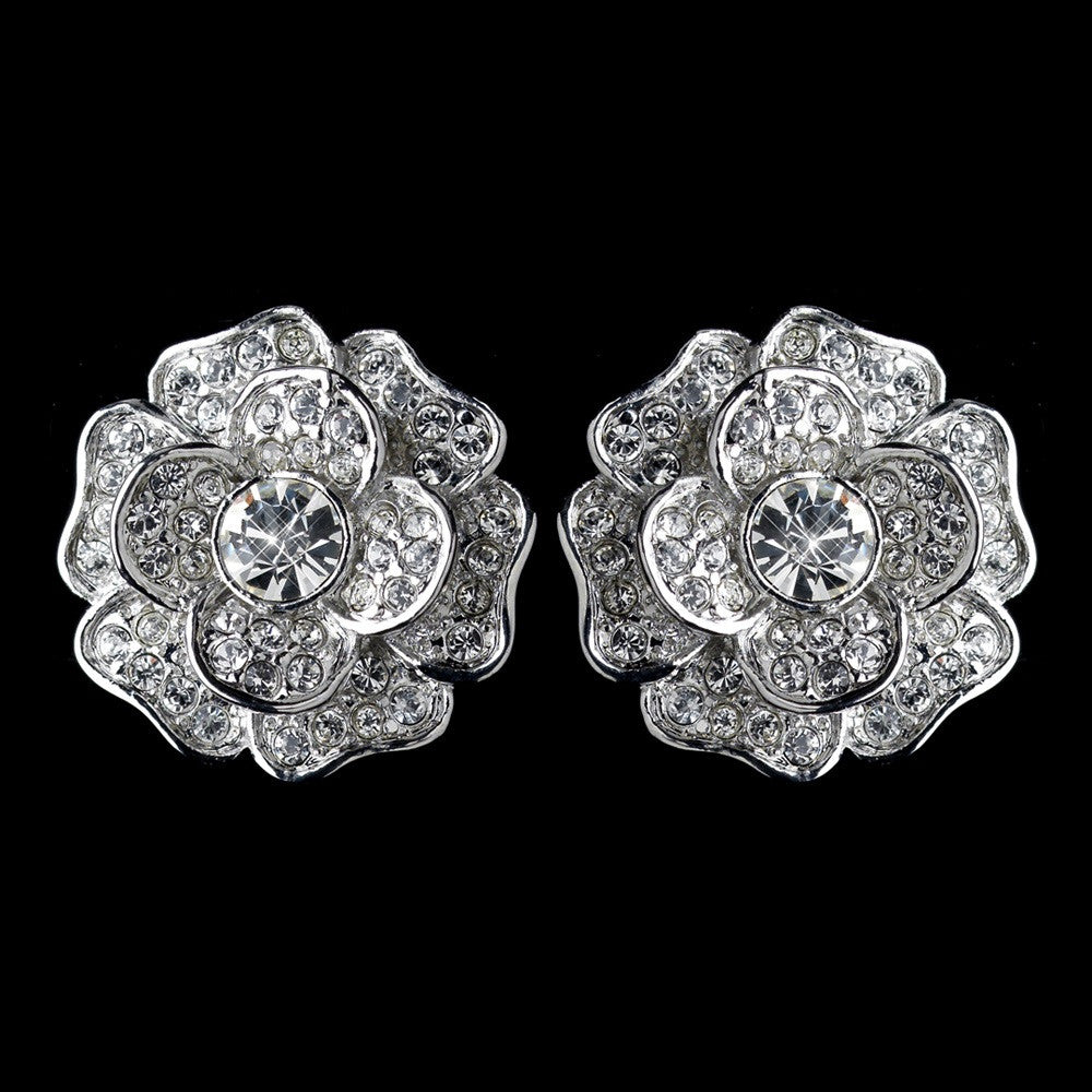 Rhodium Clear CZ Crystal Rose Bridal Wedding Hair Clip On Stud Bridal Wedding Earrings 82010