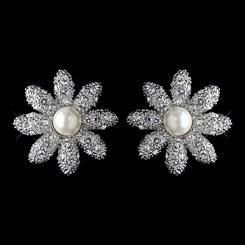 Rhodium Clear Pave Rhinestone & Diamond White Pearl Flower Stud Bridal Wedding Earrings 82013