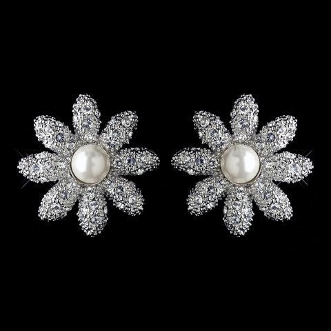 Rhodium Clear Pave Rhinestone & Diamond White Pearl Flower Stud Bridal Wedding Earrings 82013