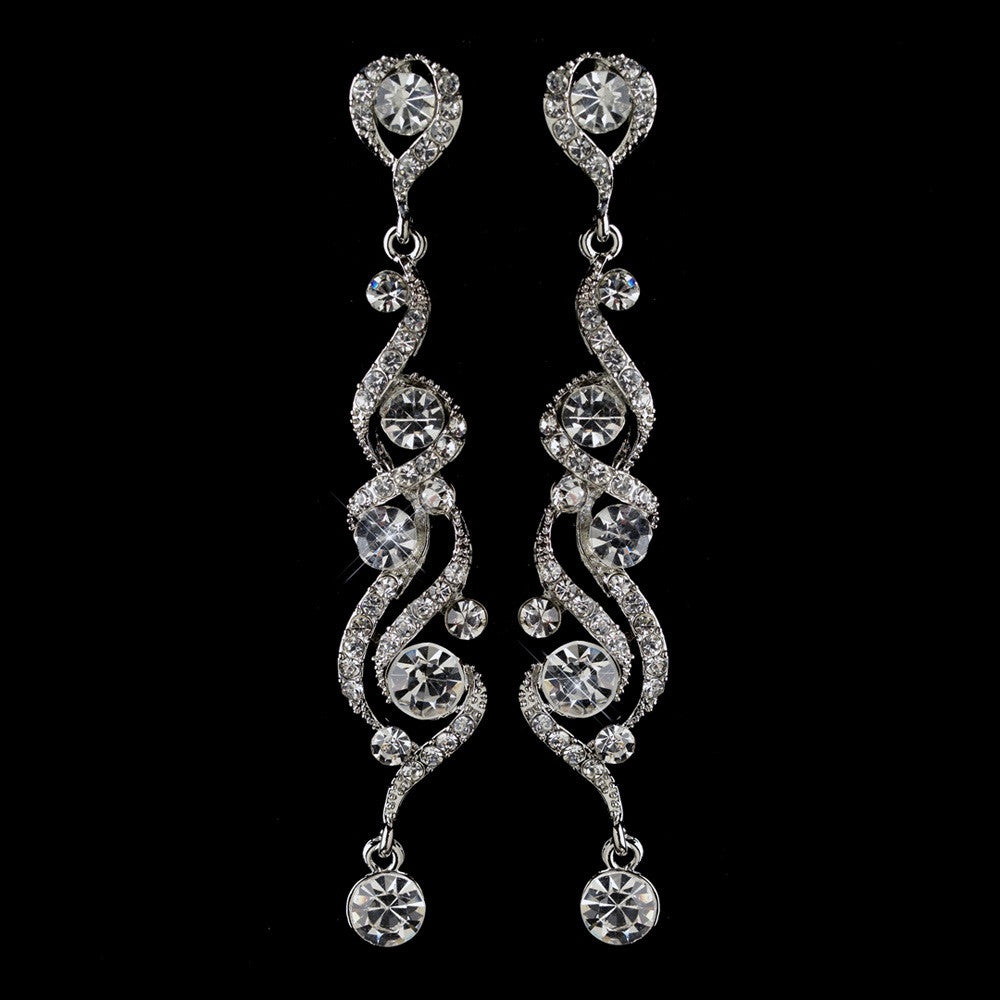 Rhodium Clear Round Rhinestone Swirl Dangle Bridal Wedding Earrings 82018