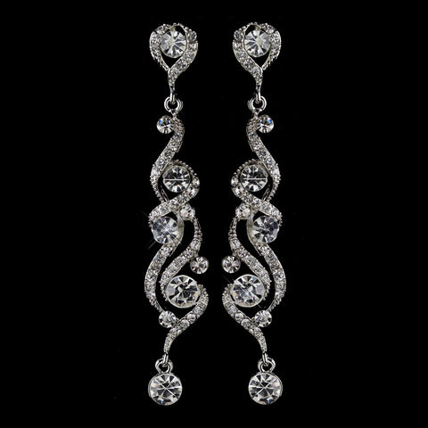 Rhodium Clear Round Rhinestone Swirl Dangle Bridal Wedding Earrings 82018