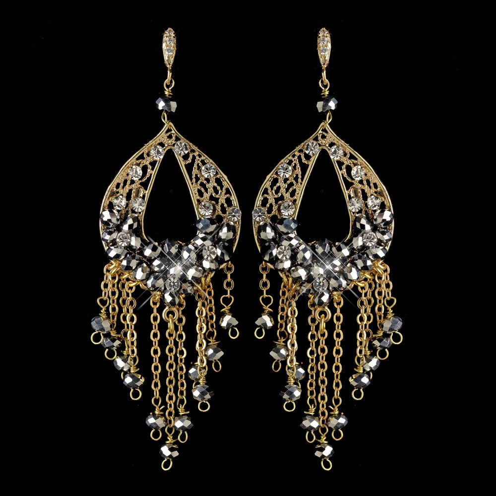 Gold Smoke & Clear Rhinestone Hand Made Chandelier Bridal Wedding Earrings 82041