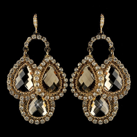 Gold Light Brown & Clear Rhinestone Drops Bridal Wedding Earrings 82042