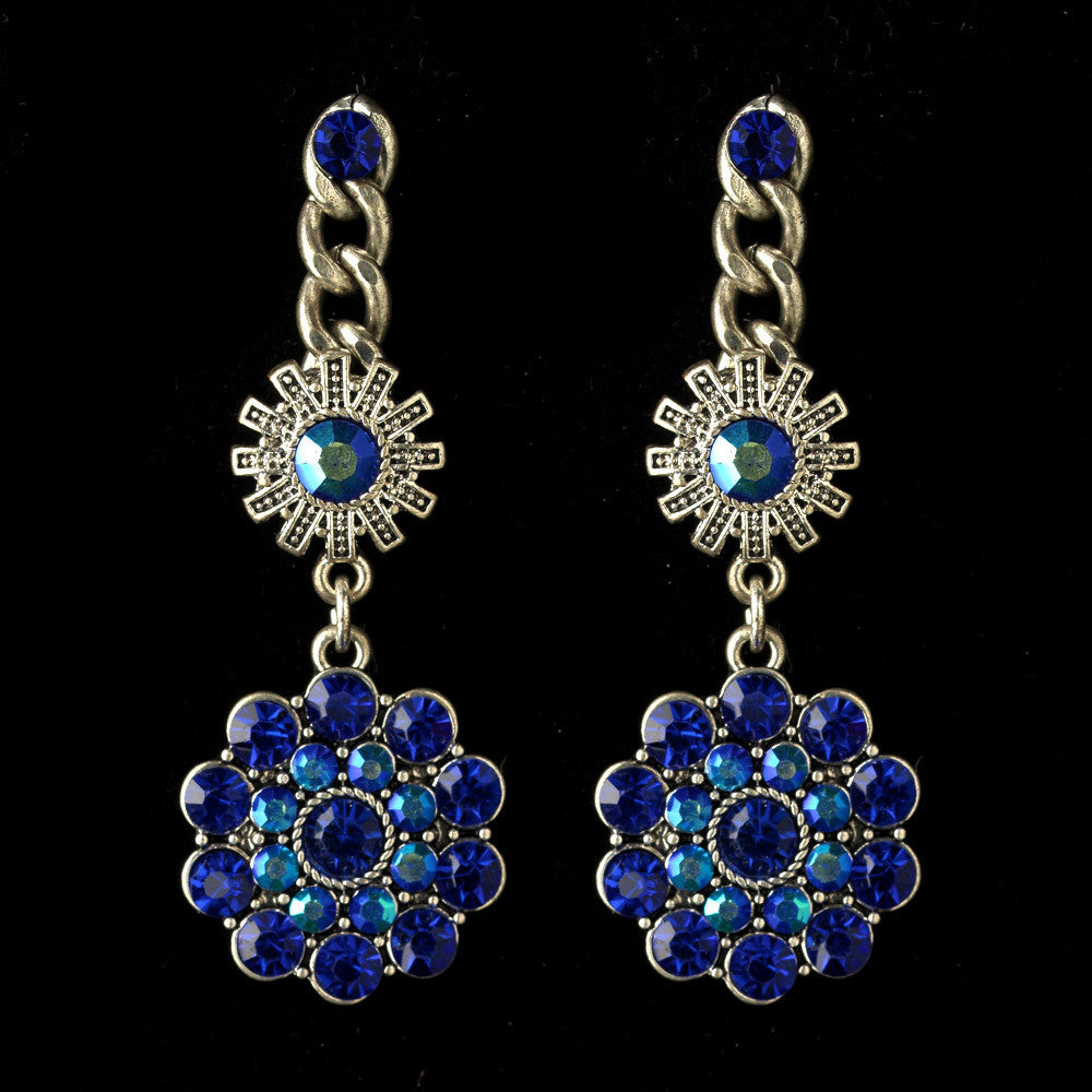 Rhodium Blue & AB Flower Rhinestone Dangle Bridal Wedding Earrings 82044