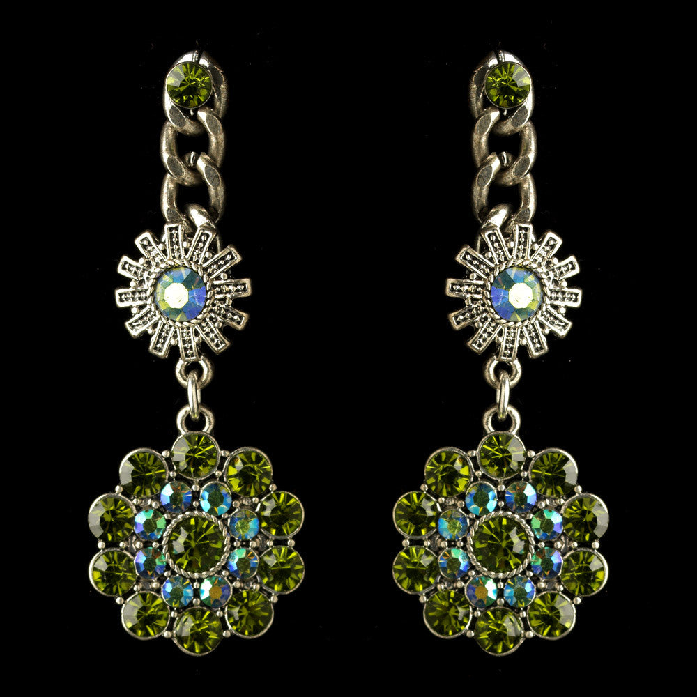 Rhodium Olive Green & AB Flower Rhinestone Dangle Bridal Wedding Earrings 82044