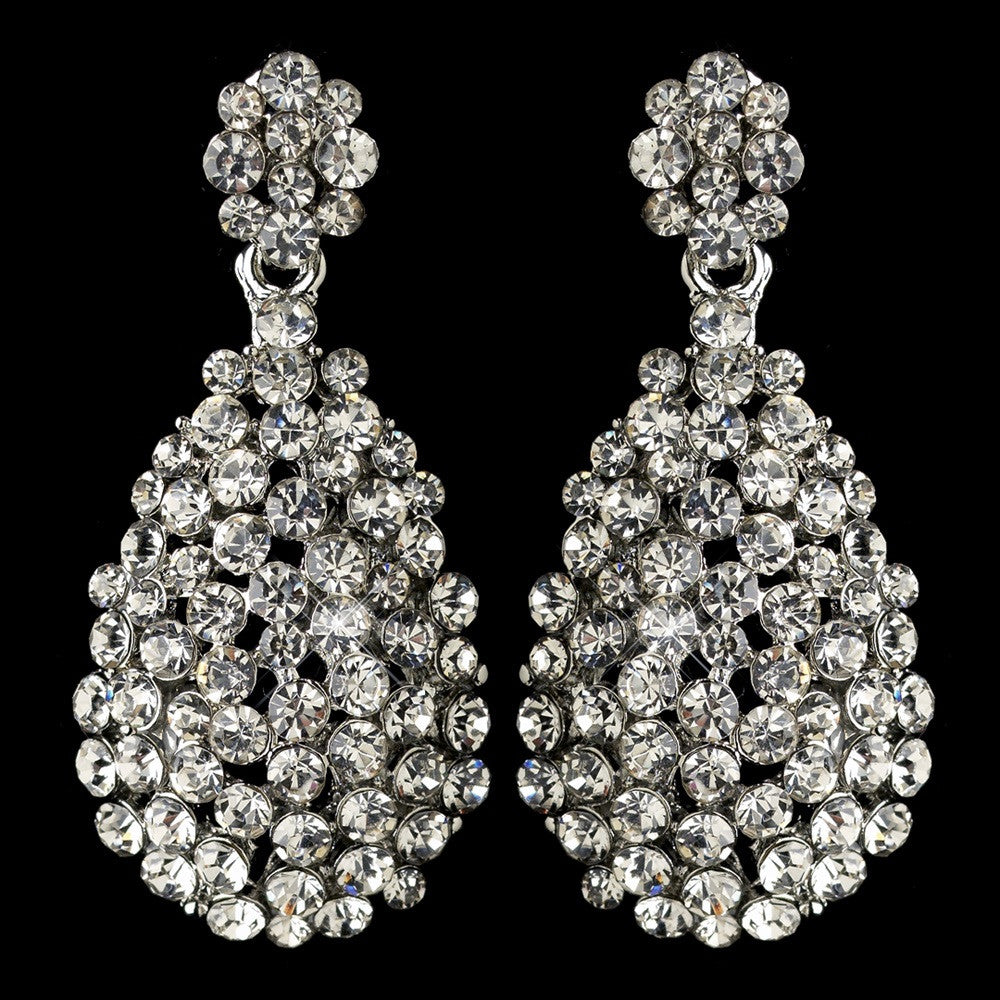 Rhodium Clear Rhinestone Cluster Drop Bridal Wedding Earrings 82054