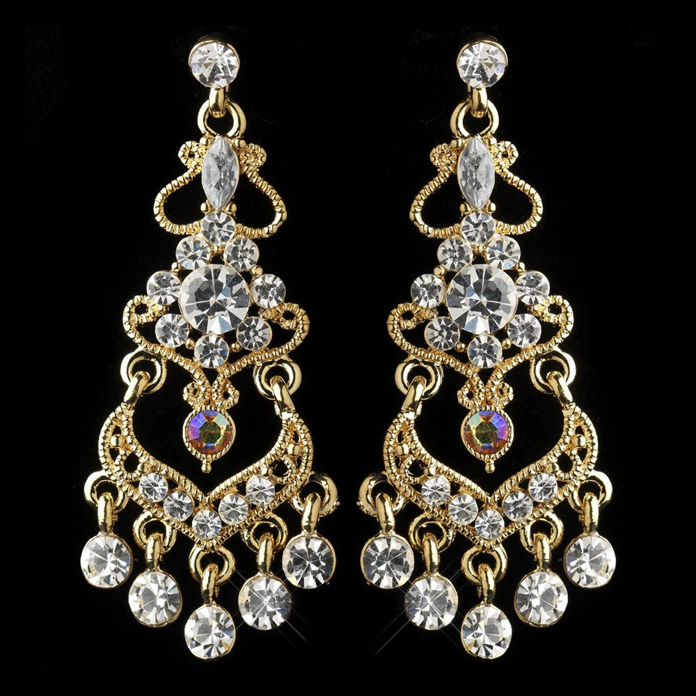 Rhinestone Chandelier Bridal Wedding Earrings E 8415 Gold Clear AB Mix