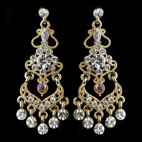 Rhinestone Chandelier Bridal Wedding Earrings E 8415 Gold Clear AB Mix