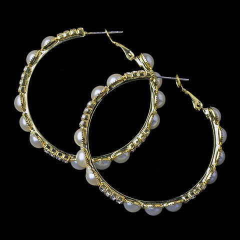 Gold Ivory Pearl & Clear Rhinestone Hoop Bridal Wedding Earrings 8550