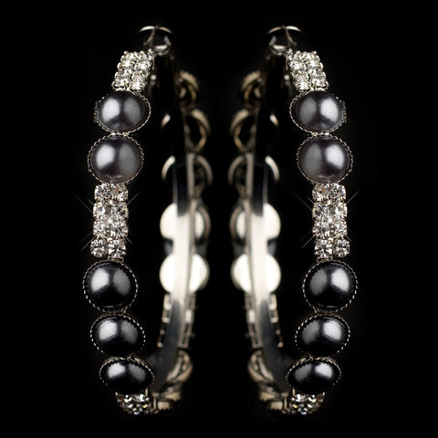 Silver Hematite Pearl & Clear Rhinestone Hoop Bridal Wedding Earrings 8550