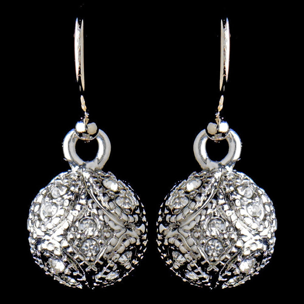 Antique Silver Rhodium Clear CZ Pave Vintage Ball Drop Bridal Wedding Earrings 8571