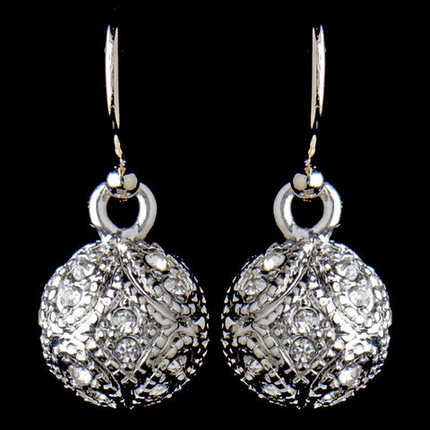 Antique Silver Rhodium Clear CZ Pave Vintage Ball Drop Bridal Wedding Earrings 8571