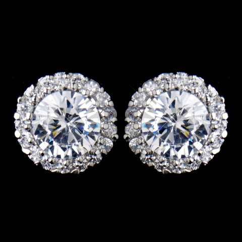 Antique Silver Pave CZ Solitaire Crystal Stud Bridal Wedding Earrings 8575