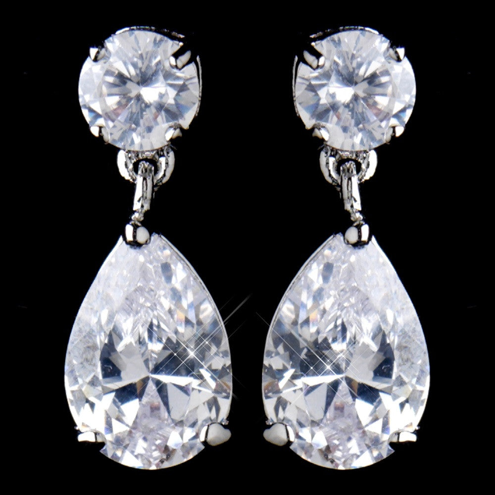 Antique Rhodium Silver Clear CZ Tear Drop Bridal Wedding Earrings 8581