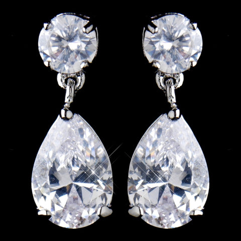 Antique Rhodium Silver Clear CZ Tear Drop Bridal Wedding Earrings 8581