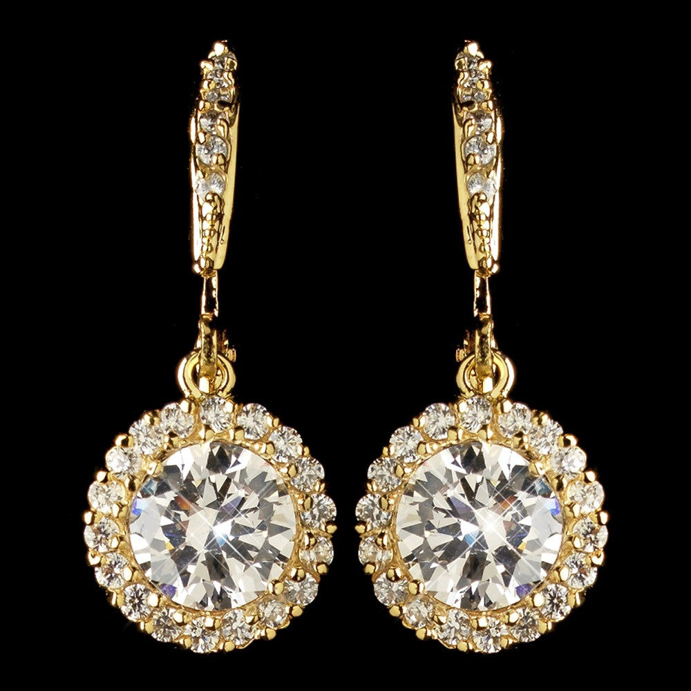 Gold Clear CZ Crystal Pave Circle Drop Leverback Bridal Wedding Earrings 8582
