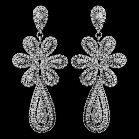 Charming Silver Clear & AB Crystal Flower Dangle Bridal Wedding Earrings 8587