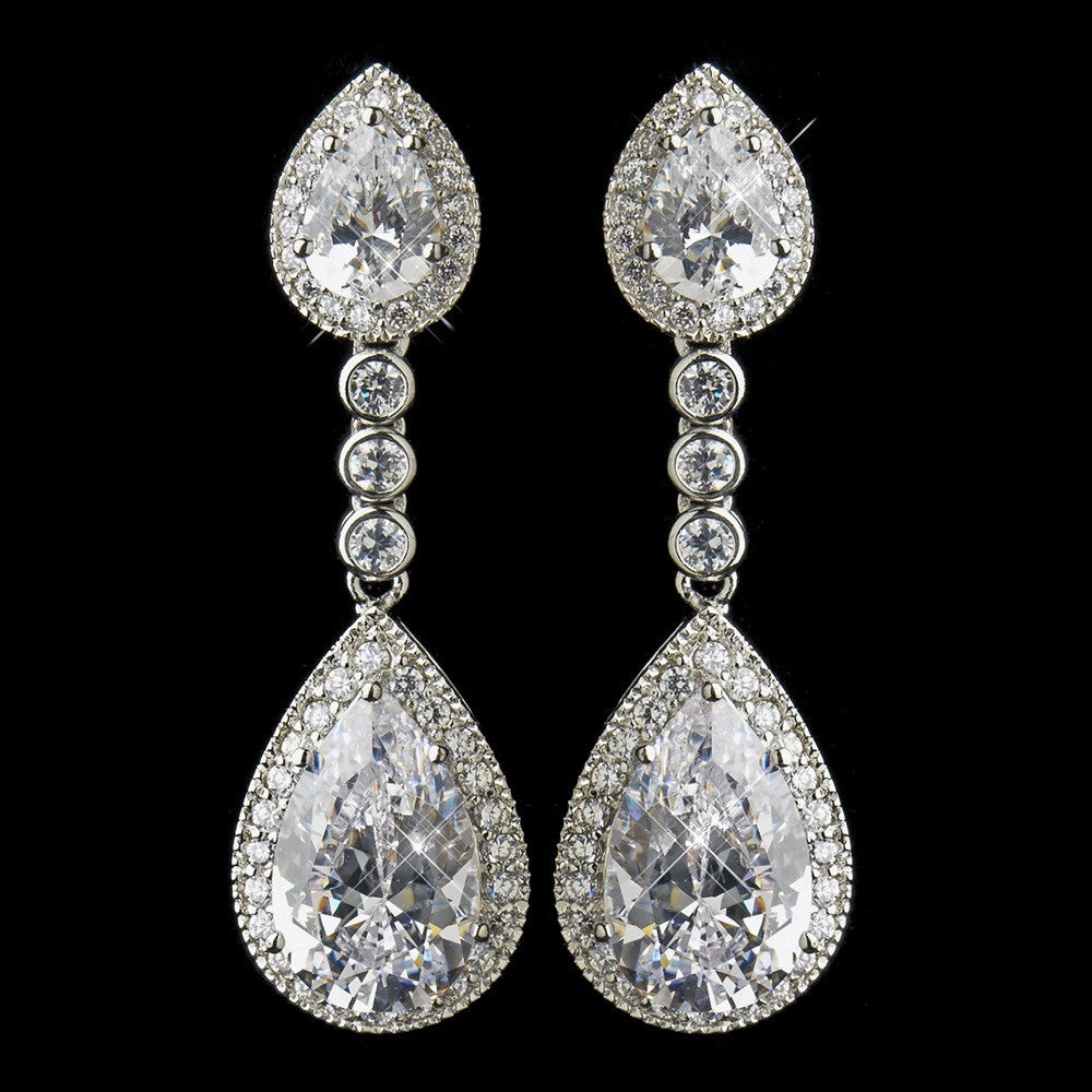 Antique Silver Clear Tear Drop CZ Stone Bridal Wedding Necklace 8749 & Bridal Wedding Earrings 8656
