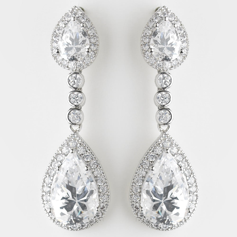 Antique Silver Clear Dangle Tear Drop CZ Crystal Bridal Wedding Earrings 8656