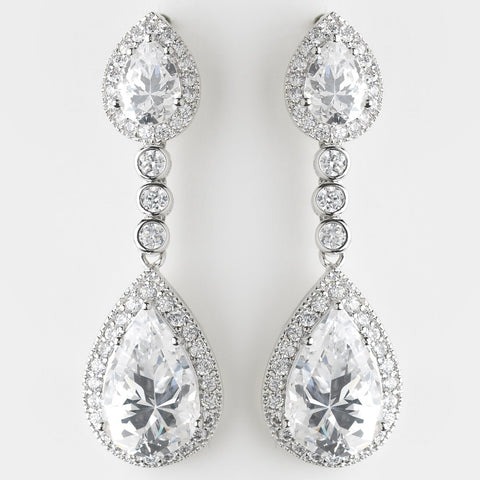 Antique Silver Clear Dangle Tear Drop CZ Crystal Bridal Wedding Earrings 8656
