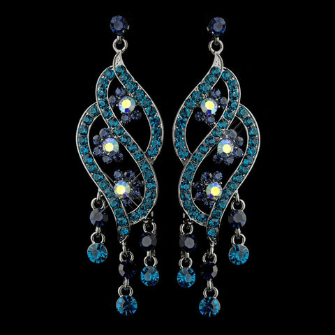 Antique Silver Turquoise & Blue Rhinestone Dangle Bridal Wedding Earrings 8657