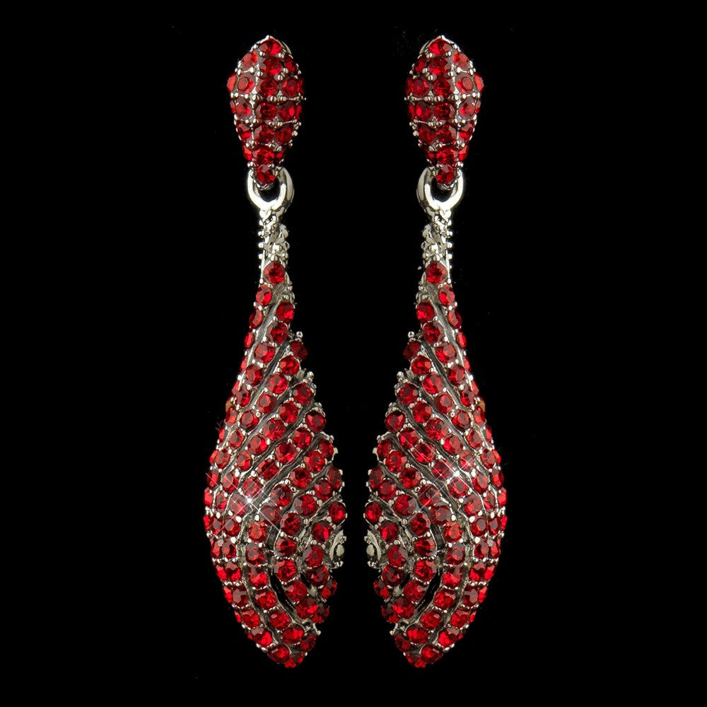 Antique Silver Red Pave Rhinestone Dangle Bridal Wedding Earrings 8659
