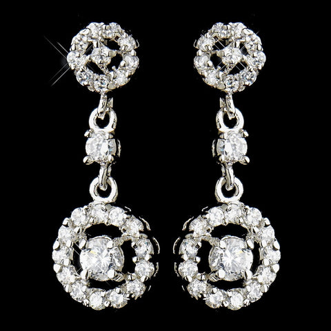Antique Silver Clear Round CZ Crystal Bridal Wedding Dangle Bridal Wedding Earrings 8674
