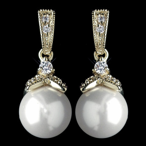 Gold Diamond White Pearl & CZ Crystal Drop Bridal Wedding Earrings 8675