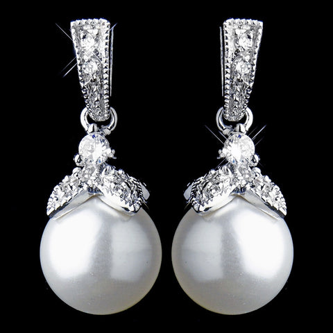 Silver CZ Crystal & Diamond White Pearl Dangle Drop Bridal Wedding Earrings 8675
